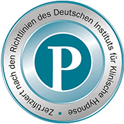 Gütesiegel Deutsches Institut für klinische Hypnose. Rund, hellblau und grau