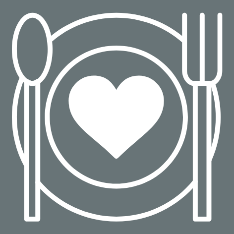 Emotionales Essen Meditation Achtsamkeit Rosenheim Ernährung Abnehmen Icon Essen: Teller, Löffel, Gabel mit Herz in der Mitte