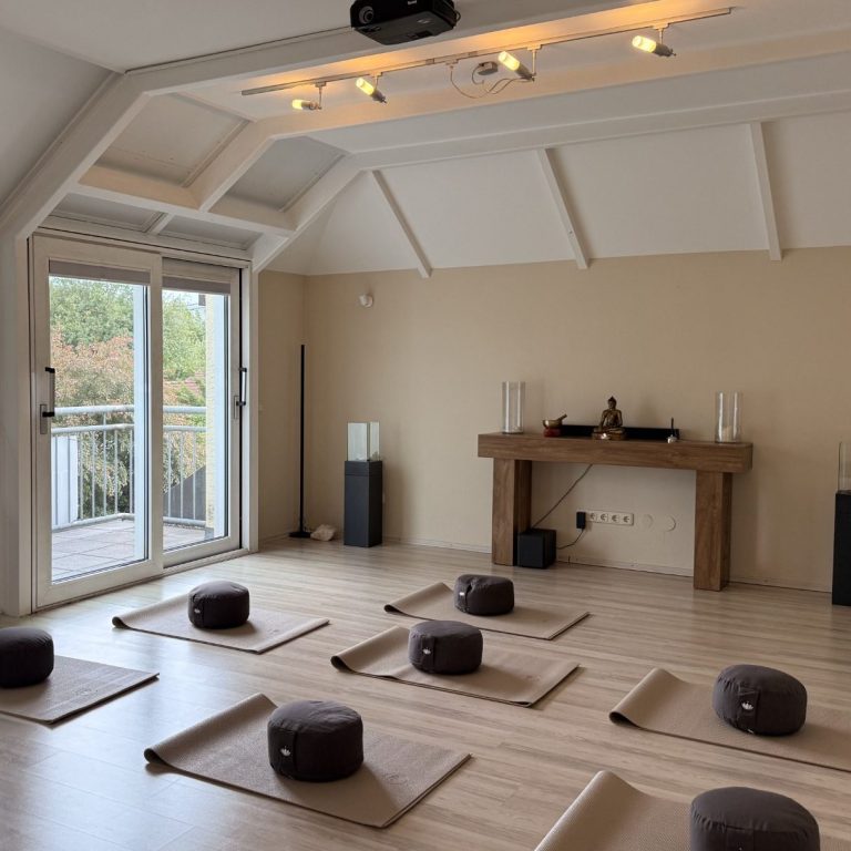 Momentum360 Rosenheim Gruppenraum mit Yogamatten und Kissen, Kerzen und Pflanzen im Hintergrund