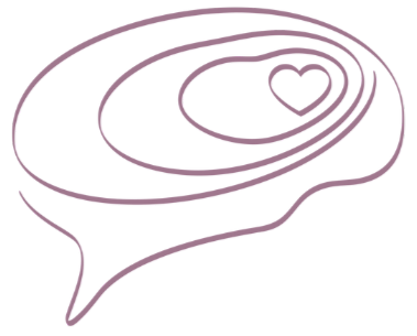 Logo von Hypnosebewusst: Sprechblase mit angedeuteten Hirnwellen und Herz in der Mitte. Farbe Brombeer.