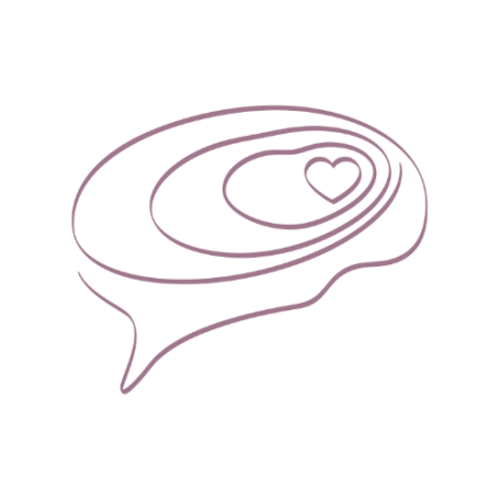 Logo von Hypnosebewusst: Sprechblase mit angedeuteten Hirnwellen und Herz in der Mitte. Farbe Brombeer.